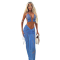 CUTENOVA 2024 Summer Women'S Sexy Hollow Mesh Beah Backless Tops Drawstring Long Skirts Elegant Sexy Party Dresses Club Outfits