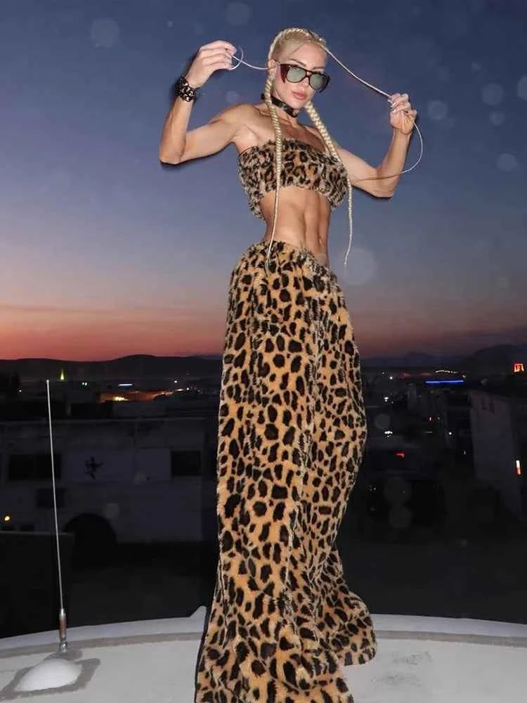 Kliou Fashion Furry 2 Piece Set Woman Leopard Print Chest Wrap Tank Tops+Straight Long Pant Hot Girls Street Hip-Hop Style Suits