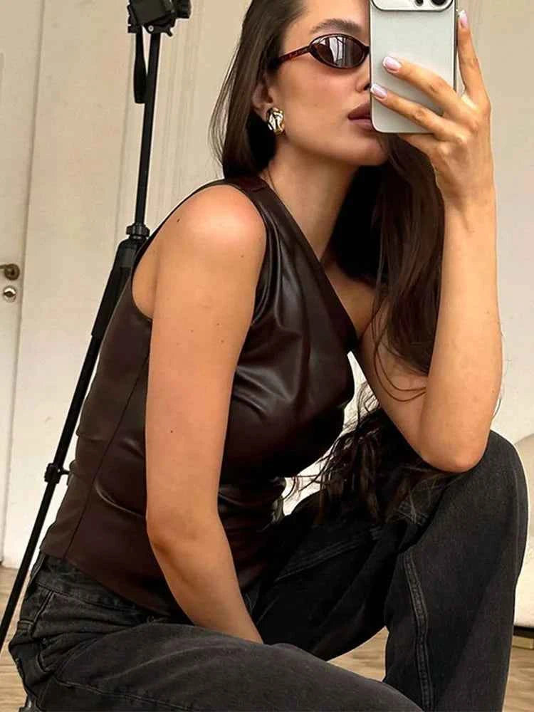 2025 Fall Snd Winter New Pure Color Slim Sleeveless One-Shoulder Slanting Collar Zipper Show Thin Jacket