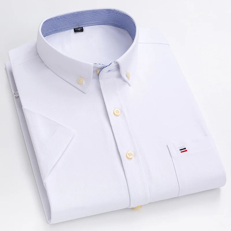 Men's Pure Cotton Oxford Short Sleeve Summer Casual Shirts Comfortable Standard-fit Button-down Plaid Solid Color Cotton Shirt