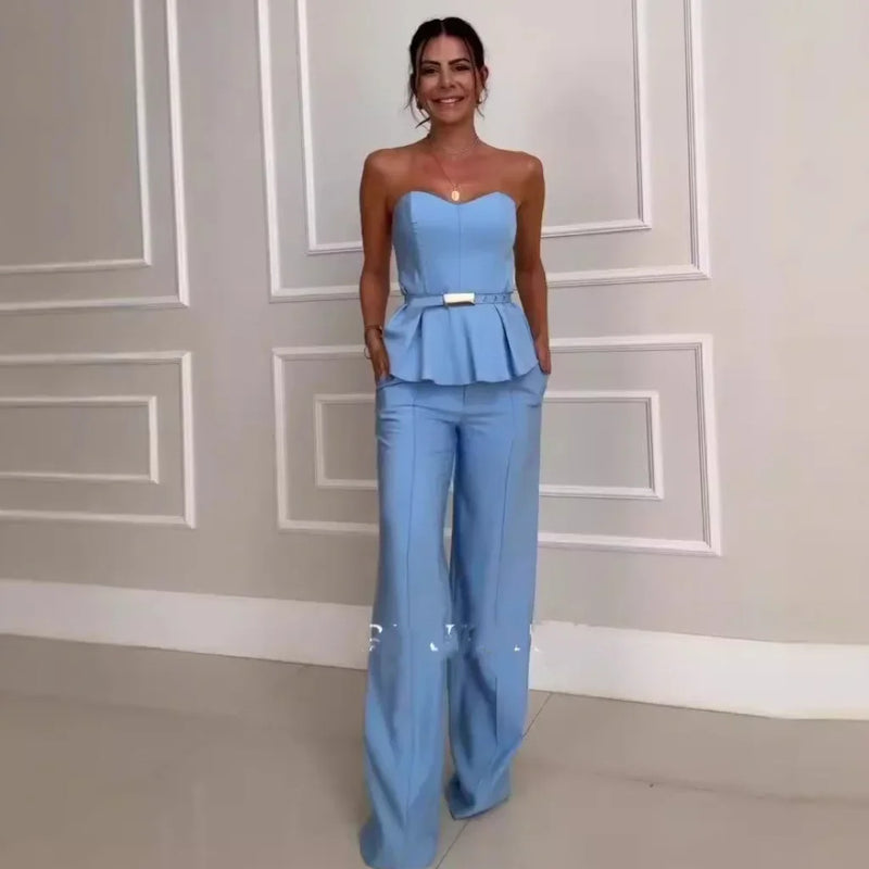 Sleeveless Strapless Tank Top Stripes Printed & Long Wide Leg Pants Women 2pcs Clothes Set Office