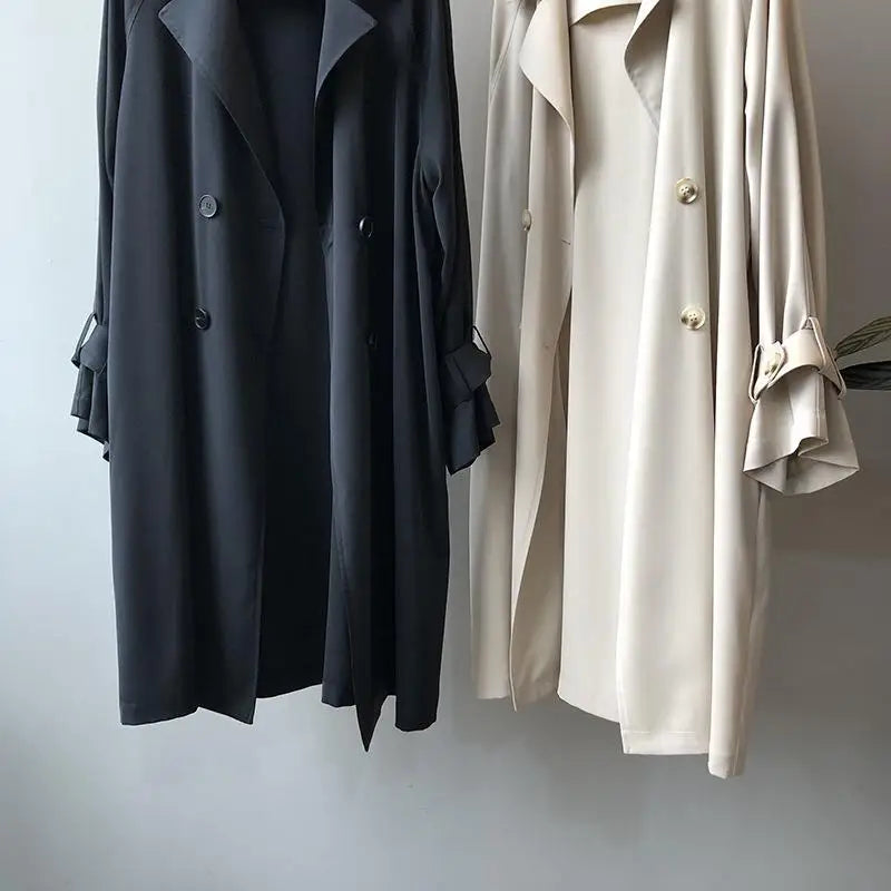 New Fashion Women's Long Trench Coat Spring Autumn Temperament Thin Windbreaker Coat Female Casual Parker Overcoat Apricot Black