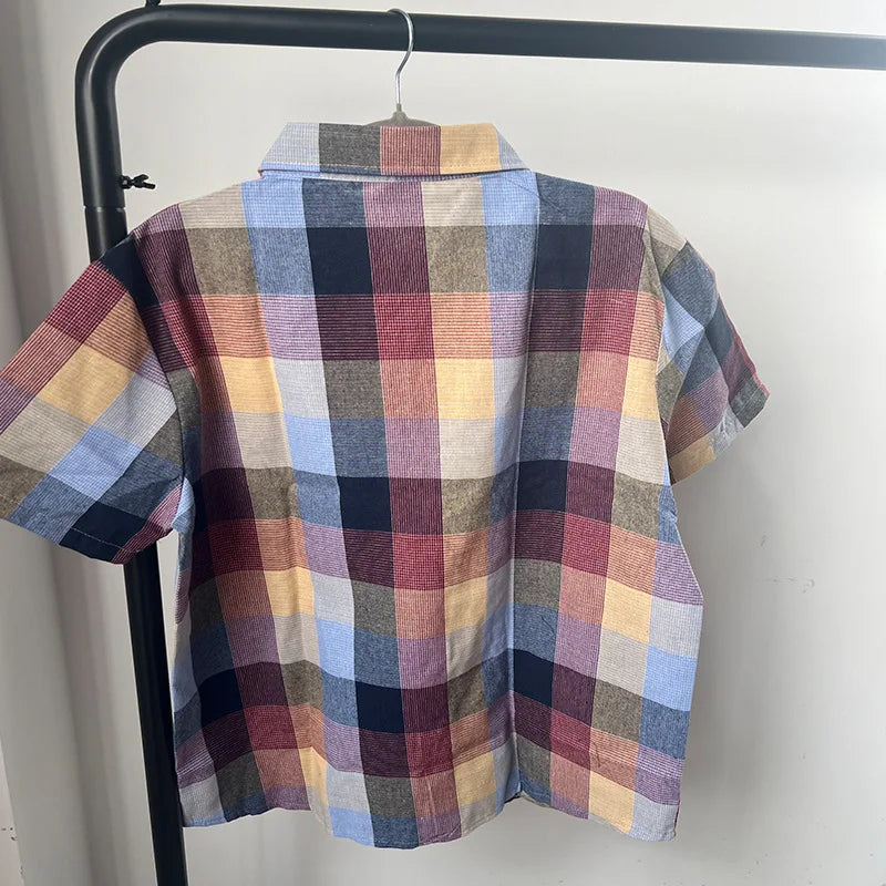 2024 Cross Border Amazon Summer New Plaid Shirt Summer Men's Short Sleeve Lapel Youth Casual Short Sleeve Men's Shirt