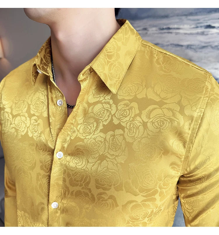 Men's Social Shirt New Rose Printed Long Sleeve Shirt Luxury Fashion Business Slim Fit Formal Shirt Men's Clothing 4XL-M