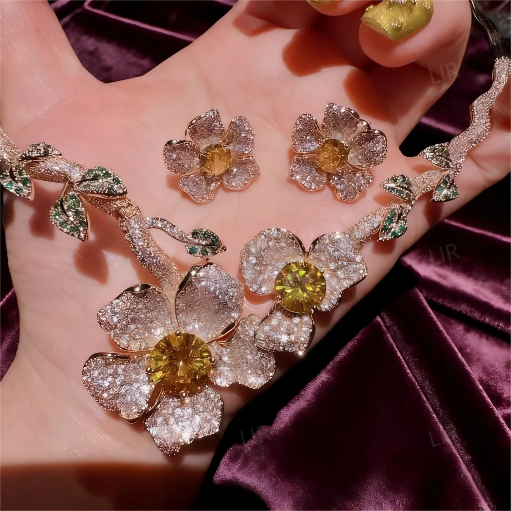 LIR Austrian Retro Jewelry Set: Floral Gem Vine Necklace, Prosperous Flower Zircon Earrings, Custom for Women