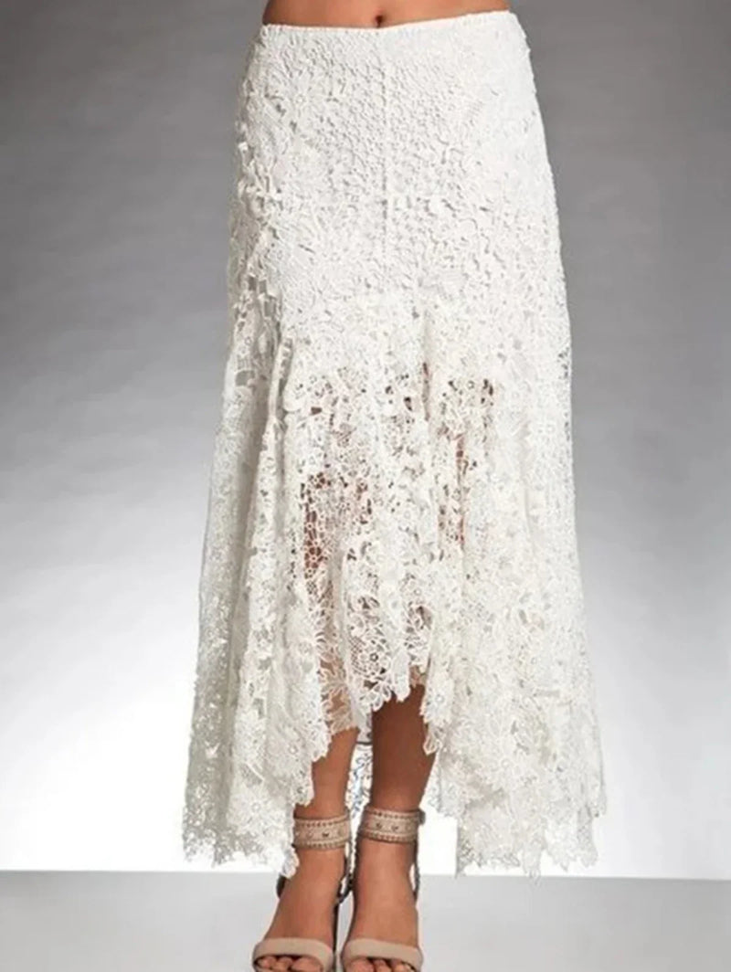 Saia assimétrica de renda elegante feminina, vintage, estilo boho, cintura alta, malha vazada, patchwork, camadas, maxi saias, trajes