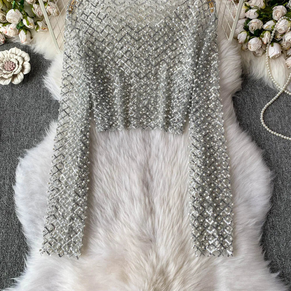 Slim Fit Short Sleeveless T-Shirt Women's New Style round Neck Long Sleeve Shiny Sequin Heavy Duty Bead Commute Style Korean ...