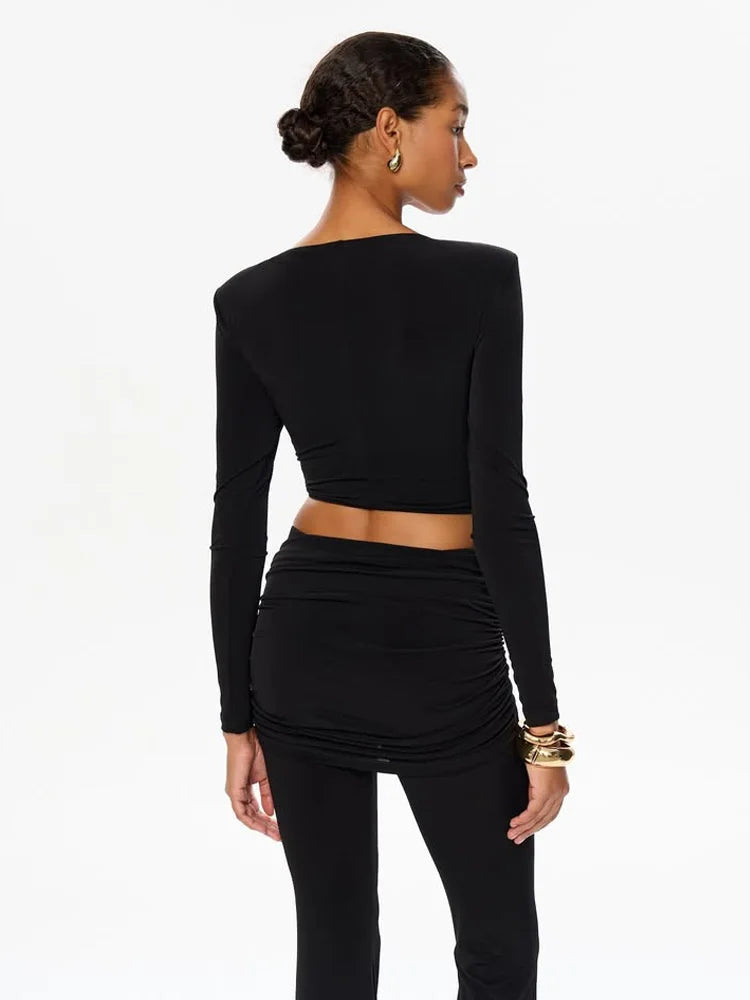 Ahagaga Autumn Fashion Women's Sets Solid Regular Long Sleeves O-Neck Skinny 2Pcs (Tops+Pants) Knot Casual Streetwear Folds Suit