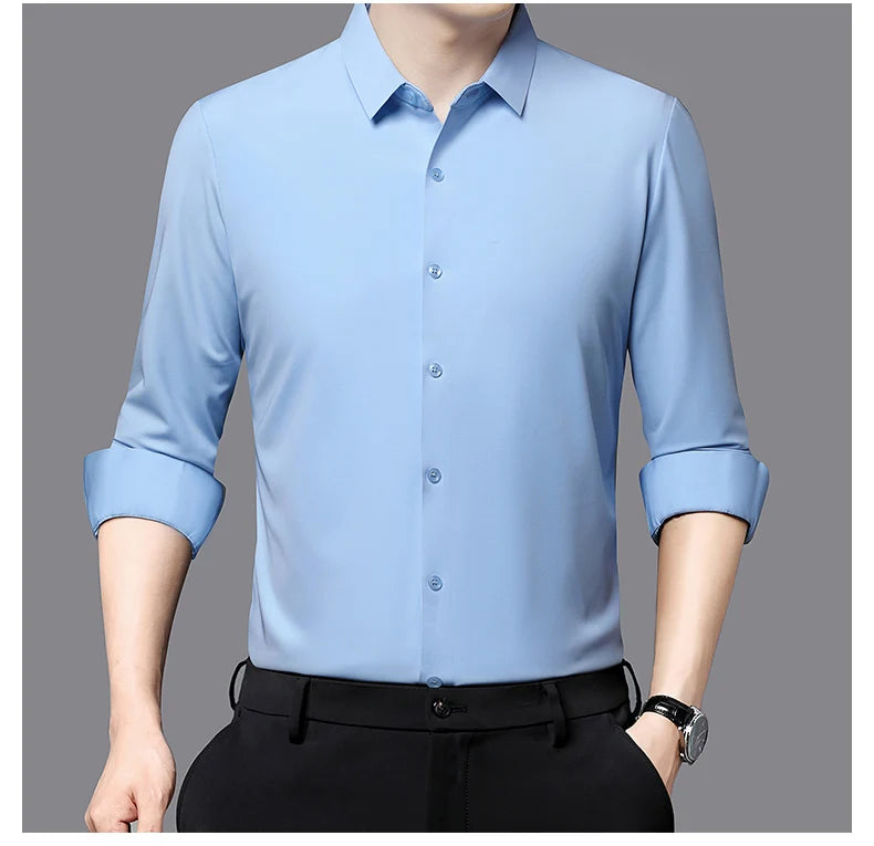 Camisa masculina premium ultraelástica - Camisa formal de manga comprida de seda de alta qualidade para uso social e casual