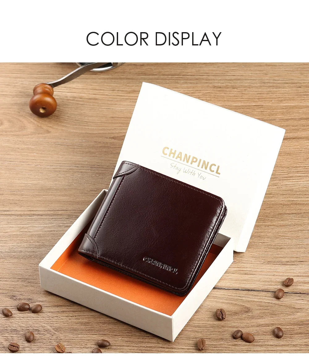 CHANPINCL Men's Italian Top-Grain Cow Leather Short Tri-Fold Wallet – RFID Blocking & Gift Box
