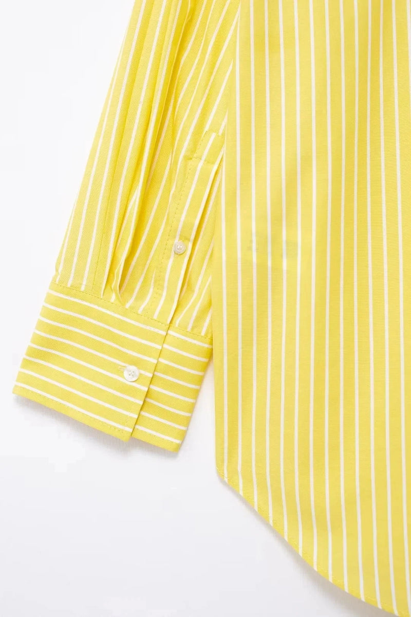 TRAFZA Blusa Listrada Amarela Feminina Calça Terno Camisa Solta Manga Longa Calças com Cordão