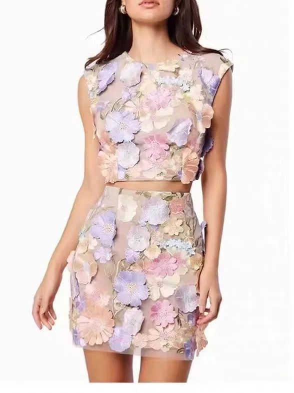 Spring Dress Women's Skirt High-quality Embroidery Hook Pattern Sleeveless Crop Top Wrap Hip Skirt Set of Two Pieces