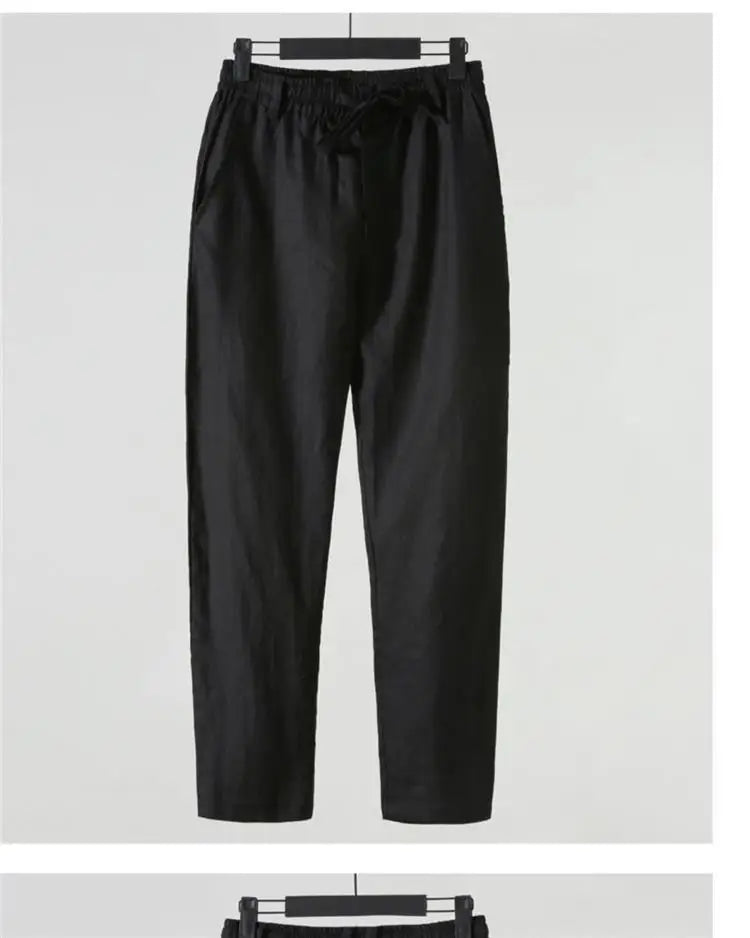 Solid Color Linen Pants Men's Loose Cotton Linen Casual 9 Points Pants Spring Summer Home Straight Soft Comfortable Trousers