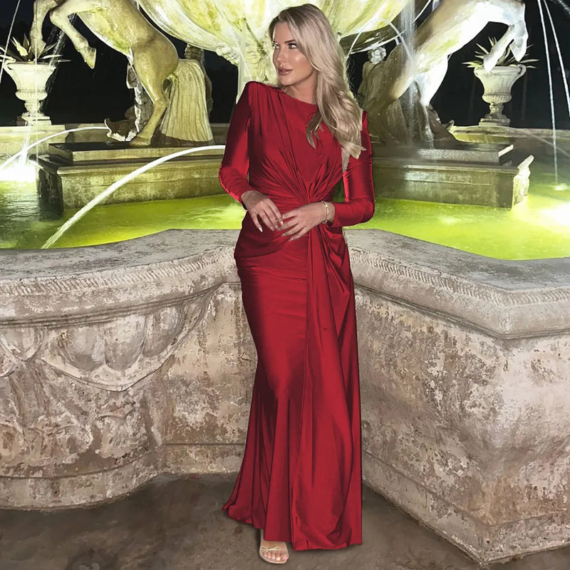 Elegant High Waist Folds Long Maxi Pink Dresses for Women 2025 Chic O-neck Long Sleeve Tunics Slim Solid Party Evening Dress