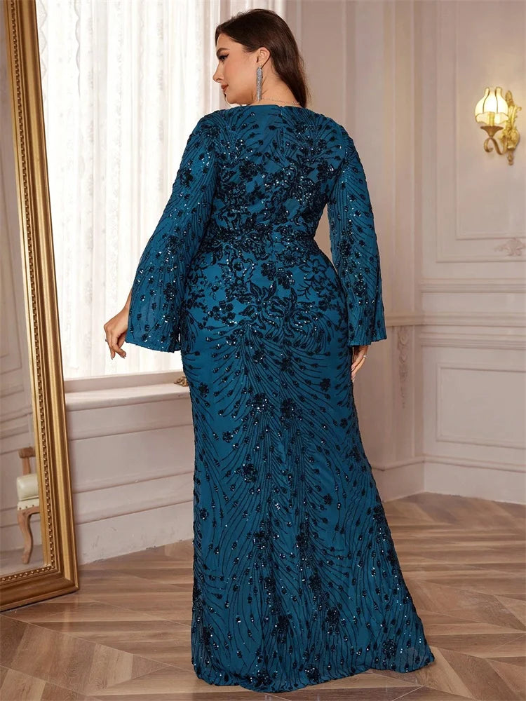 Lucyinlove Plus Size Luxury Gold Evening Dresses Women 2025 Long Sleeve Mermaid Formal Sequins Prom Wedding Party Cocktail Gowns