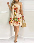 Vestidos Sem Mangas Sem Costas Curto Mini Vestido Solto Halter Neck Estampa Praia Vestido de Verão Floral Vestidos S-3XL