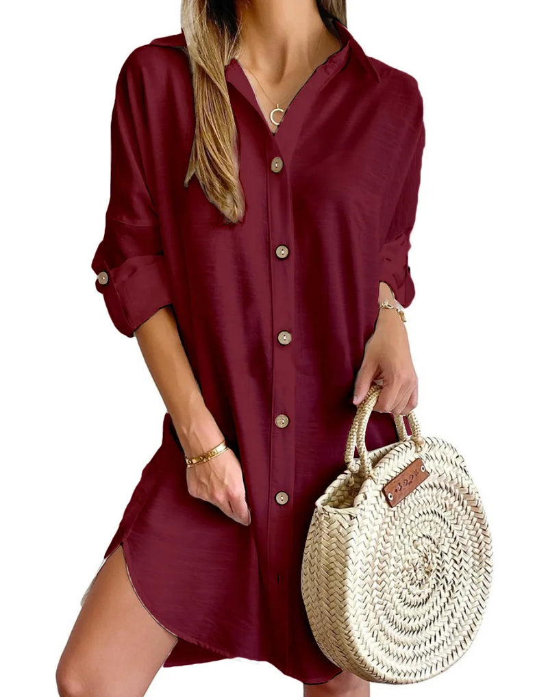 Elegant Women's White Spring And Autumn Casual Long Sleeved Lapel Button Up Shirt Dress 2024 Fashionable Woman Loose Mini Dress