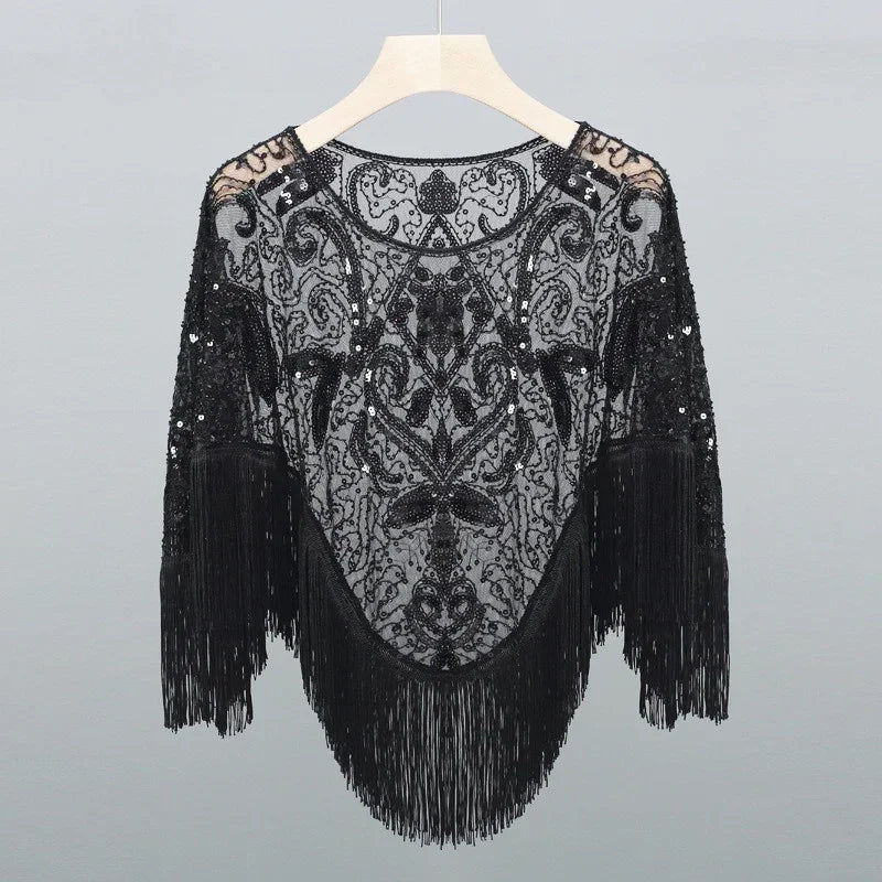 Summer Sequins Tassels Poncho Women Coat Party Outfits Cape Mesh Jacket Ladies Cloak Shawls Casaco Outerwear Wraps Woman Clothes