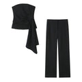 TRAFZA Women 2 Piece Set Solid Asymmetric Folds Side Zip Design Short Vest Top+Fashion Pockets High Waist Casual Wide Leg Pants