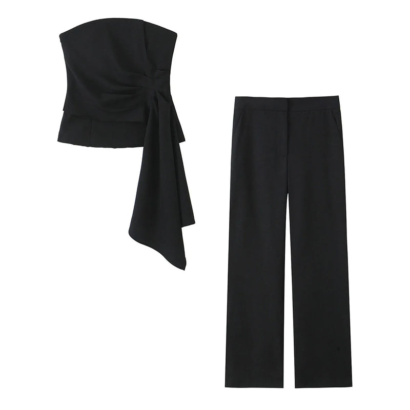 TRAFZA Women 2 Piece Set Solid Asymmetric Folds Side Zip Design Short Vest Top+Fashion Pockets High Waist Casual Wide Leg Pants