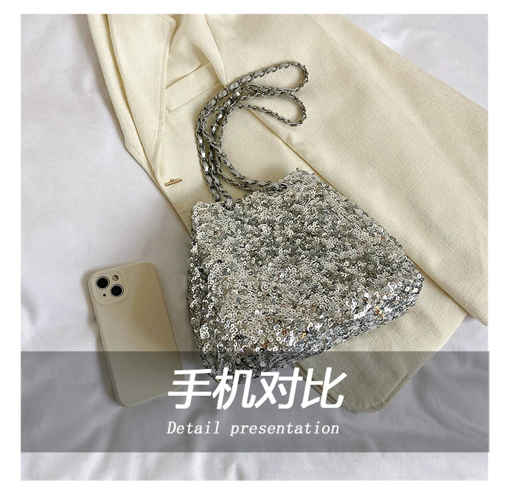 Sparkling Sequins Bucket Shoulder Bags Sense of Luxury Large Capacity Fresh Crossbody Bags for Women 2024 Fashion Versatile Hot