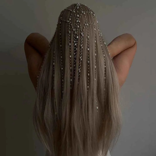 Princess Imitation Pearl Mesh Headpiece Wedding Wig Accessories Elegant Round Rhinestone Tassel Hair Chain Band Prom for Women