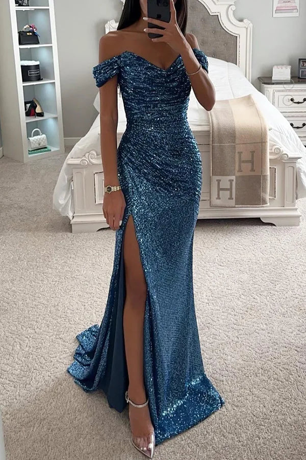 Women New Party Sequins Strapless Split Dress Casual Fashion Dress Solid Color High Waist Floor Length