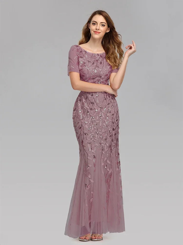 Plus Size Women's Evening Dress Fishtail Short Sleeve Lace Appliqué Tulle Stitching Personalized Design Long Party Evening Dress
