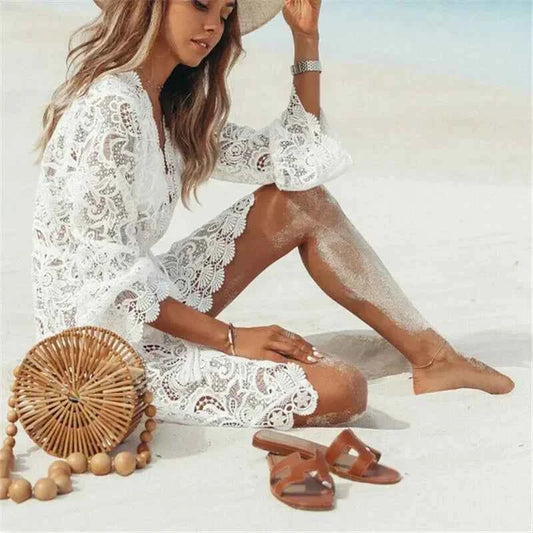 Vestido Praia Crochê Branco Decote V Renda Túnica - CRAVO ROSE