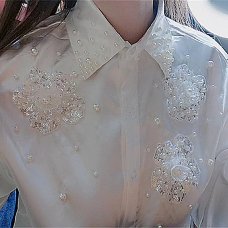 Blusas brancas com lantejoulas e miçangas estilo luxo, camisas para mulheres, vintage, botões, blusas de abotoamento simples