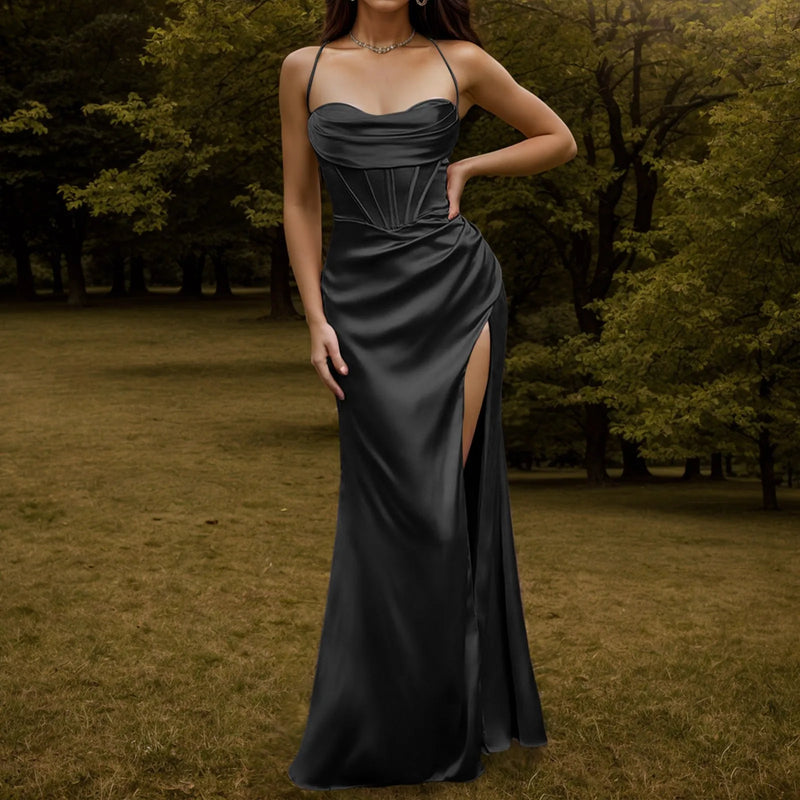 Women Sexy Satin Corset Maxi Dress Silky Strap Push Up Fishbone Ruched Evening Party Long Dresses Chic Elegant A-Line Dress