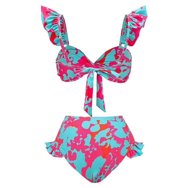 Flaxmaker Summer New Women Sexy Hawaiian Lace Up V Neck Ruffle Swimsuit and Sarong Women Swimwear Set Push Up Bathing Suit