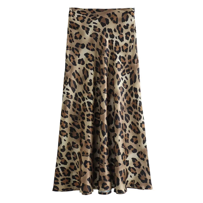 HXAO Leopard Print Women's Midi Skirt High Waist Stylish Long Skirts For Women Fall Vintage Satin Skirt Woman Elegant Skirts