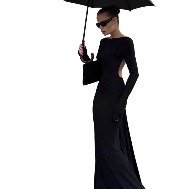 Sisterlinda Classic Bead Backless Dress Women Sexy Slash Neck Full Sleeve Simple Fashion Stretch Banquet Party Elegant Vestidos