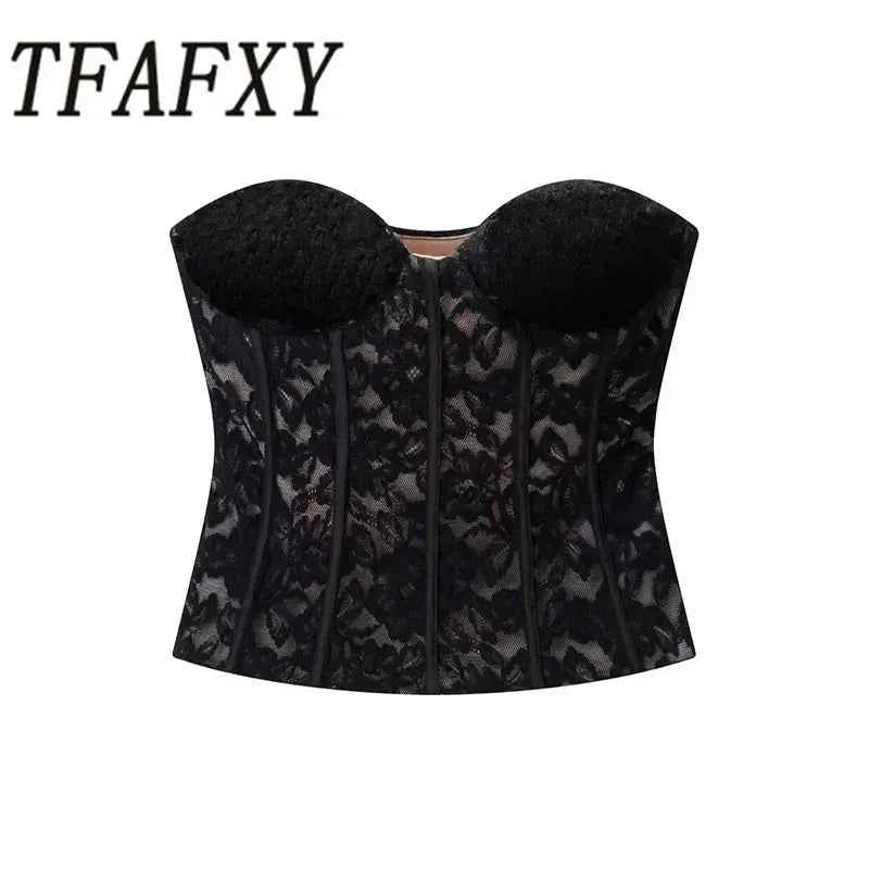 TFAFXY 2026 Sexy Chic Black Lace Party Tops Strapless vest Short Evening Club Corset Tops Fashion Y2K Girl Streetwear Tops