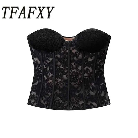 TFAFXY 2026 Sexy Chic Black Lace Party Tops Strapless vest Short Evening Club Corset Tops Fashion Y2K Girl Streetwear Tops