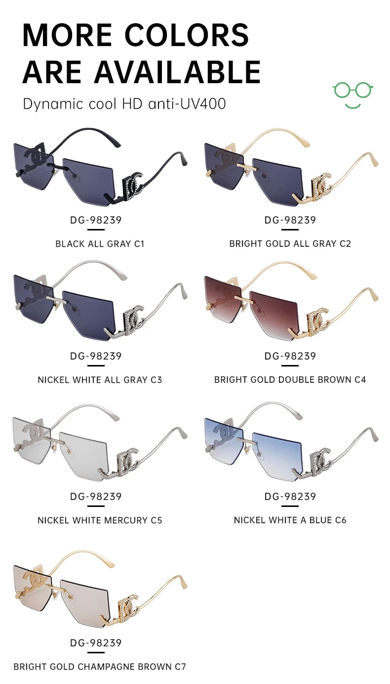Óculos de sol quadrados sem aro punk femininos, armação de metal, design de marca de luxo, óculos retrô para mulheres, proteção UV400, 2025