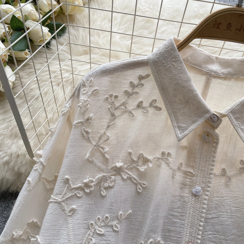 Camisa solta bordada SINGREINY feminina elegante retrô com lapela sólida manga comprida blusa feminina de alta qualidade moda verão