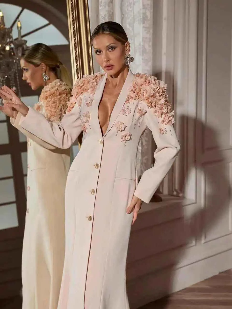 Gorgeous Flowers Women's Long Coat V Neck Long Sleeve Office Ladies Work Plus Size Birthday Party Customized Jacket