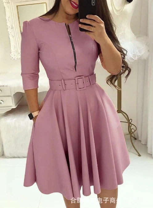 Urban Style for Women 2024 Sprin Summer Medium Length Skirt Elegant Sexy U-Shaped Collar Solid Color Zipper Print One Step Dress