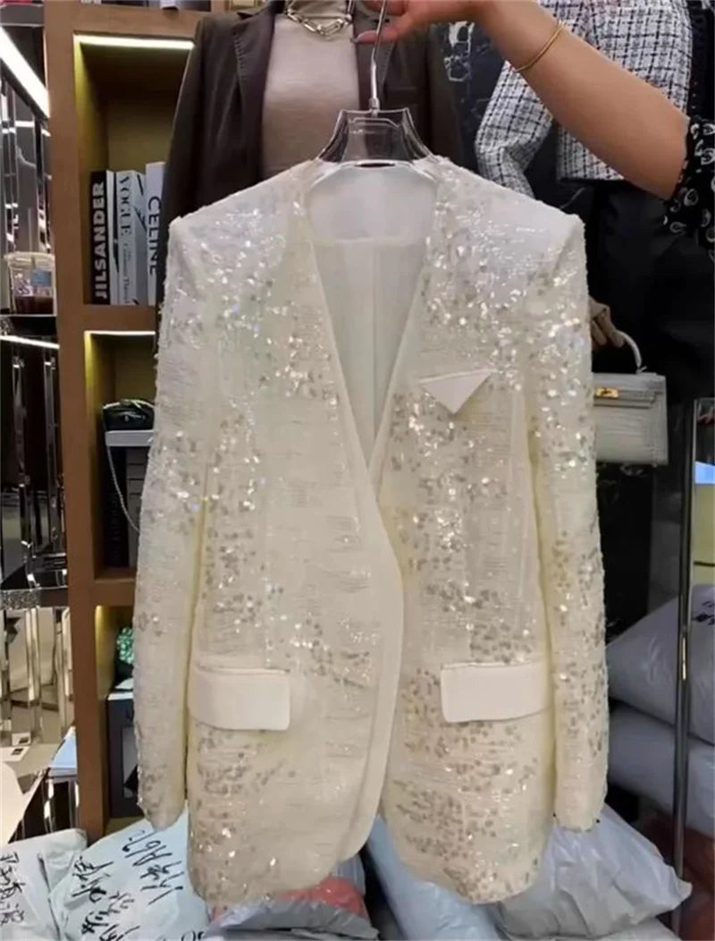 European Brand V-neck Temperament Socialite Sequin Jacket For Women, Mid To Long Style, Stylish Thin Style, Sparkling Top XQ145