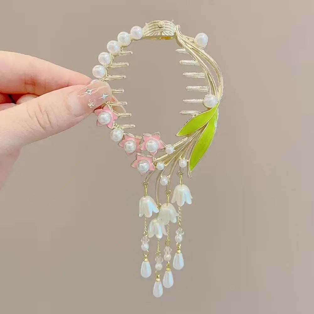 Chinese Style Flower Tassel Hair Bun Buckle High Ponytail Buckle Pearl Chain Pan Hair Claw Clip Fashion Lovely Alloy Headwear