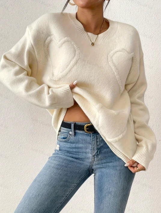 Women's Oversize Knitted Sweater round Neck Heart Patchwork Valentine's Day Theme Autumn Winter Fashion Simple Style Top