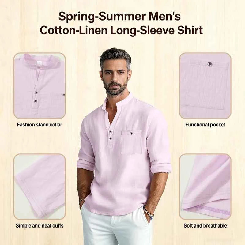 Men's Lightweight Shirts Long Sleeve Henley Cotton Linen Shirts for Male Beach Hawaiian V-neck Top Breathable Polo Shirts top