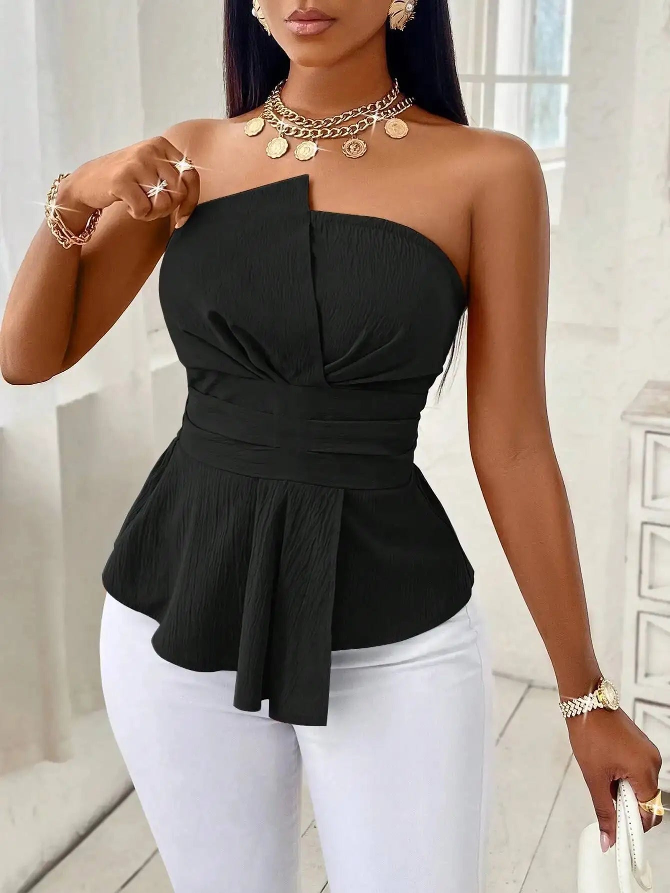 Womens Fashion Black Top Strapless Off Shoulder Tube Top Summer Fashion Top Elegant And Versatile Casual Party Must Have Item