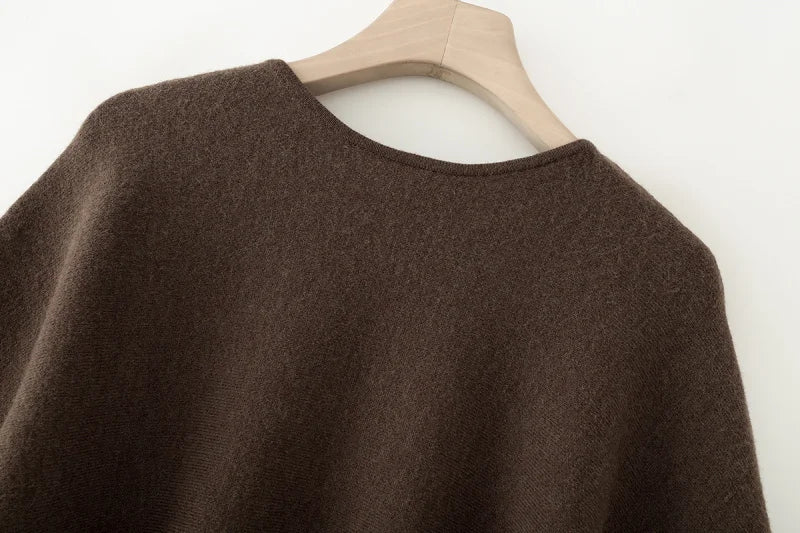 ETJ 2025 women's new fashion oversized loose version of the round neck cape sweater solid color bat sleeve sweater
