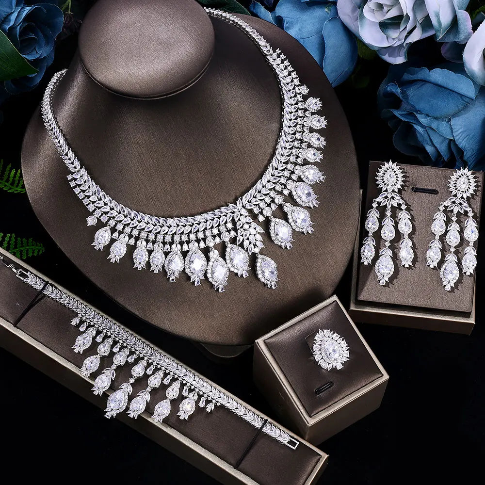 Conjunto de joias de casamento de luxo com 4 peças de zircônia 3A, conjunto de colar de cristal, conjunto de joias Dubai