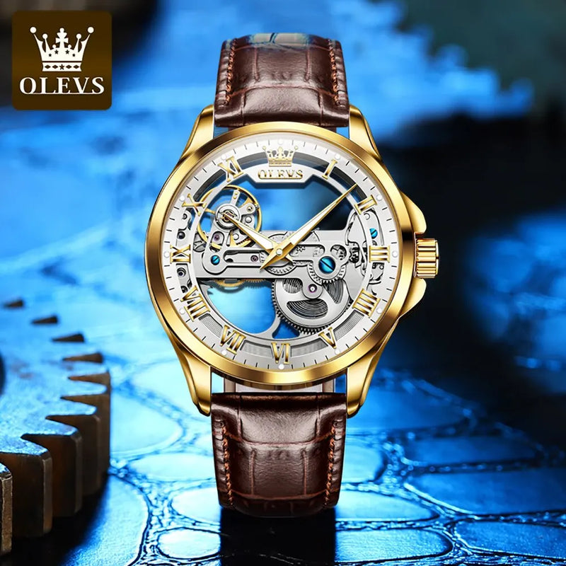 OLEVS Luxury Men Watches Automatic Mechanical Wristwatch Skeleton Design Waterproof Leather Strap Male Watch Reloj Hombre - CRAVO ROSE