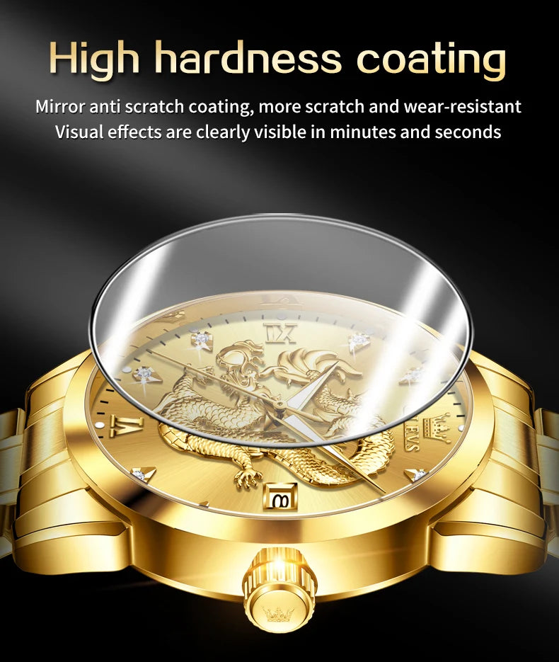 OLEVS Men's Watches Top Brand Fashion Original Quartz Watch for Man China Loong Dragon Dial Waterproof Luminous Date Olevs 3619