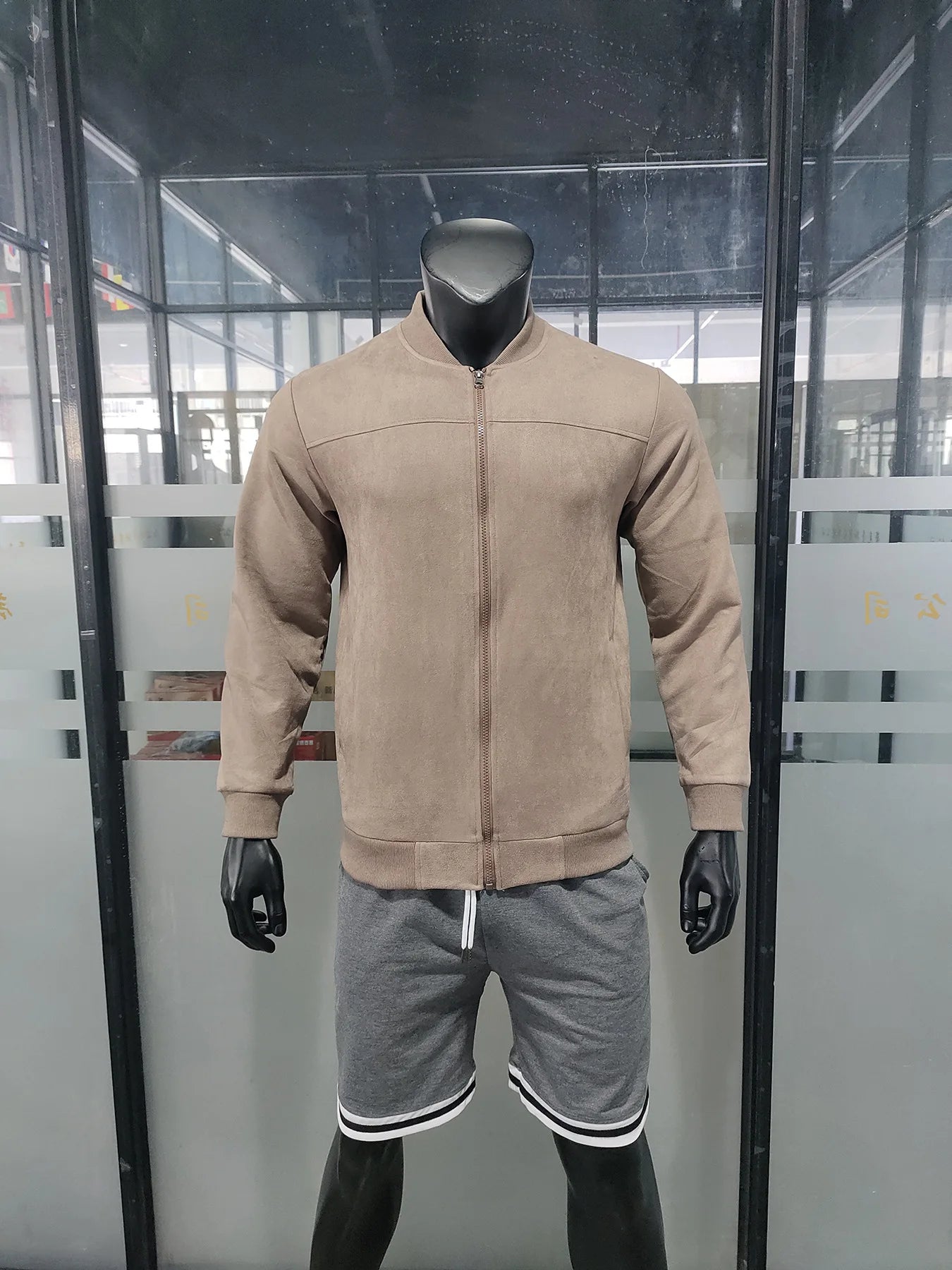 Men's Business Casual Suede Jacket Zipper Collar Warm Sporty Outerwear Polyester Fabric Long Sleeve round Hem Knitted Sleeve